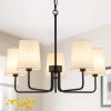 Farmhouse Chandelier, Matte Black with White Fabric Shade, Farmhouse Linear Island Lighting Fixture for Kitchen, Dining Room (5-Light Matte Black with Fabric Shades)
