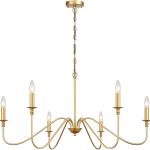 Gold Chandelier 6-Light Modern Brass Farmhouse Chandelier Wrought Iron Classic Candle Ceiling Pendant Light Fixture for Dining Room Living Room Kitchen Island Entry Stairwell, Dia 35″