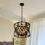 6 Light Iron Black Farmhouse Chandelier,Tricolor Rustic Birdcage Hanging Light With Hexagonal Border,Adjustable Height Industrial Pedant Light With  Base for Kitchen Island,Foyer,Entryway,Indoor