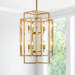 Gold Foyer Chandelier High Ceiling: Modern 8-Light Farmhouse  Chandeliers for Entryway,31.5″ Industrial Large Rectangle Pendant Light Fixtures for Entry,Staircase,Hallway,Kitchen Island