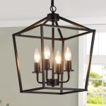 UL Listed Black Industrial 4 Light  Chandelier Ceiling Light Fixtures Farmhouse Metal Cage Rustic Geometric Pendant Light for Kitchen Island Entryway Dining Room Stairs and Hallway